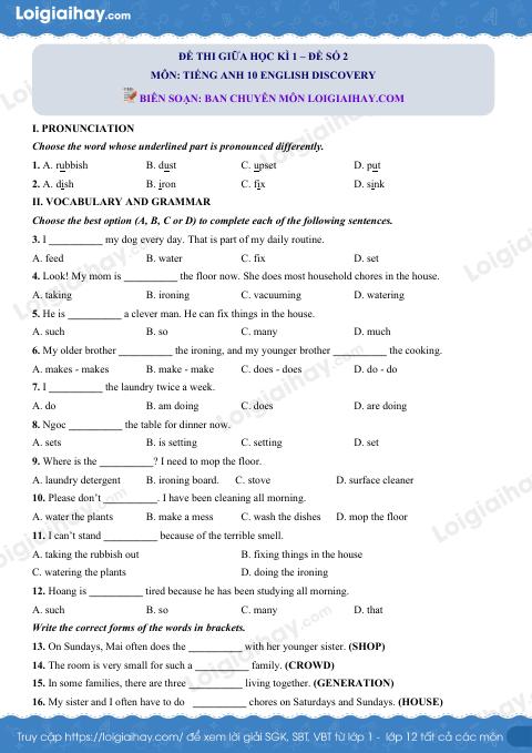 Đề thi giữa kì 1 Tiếng Anh 10 English Discovery - Đề số 2